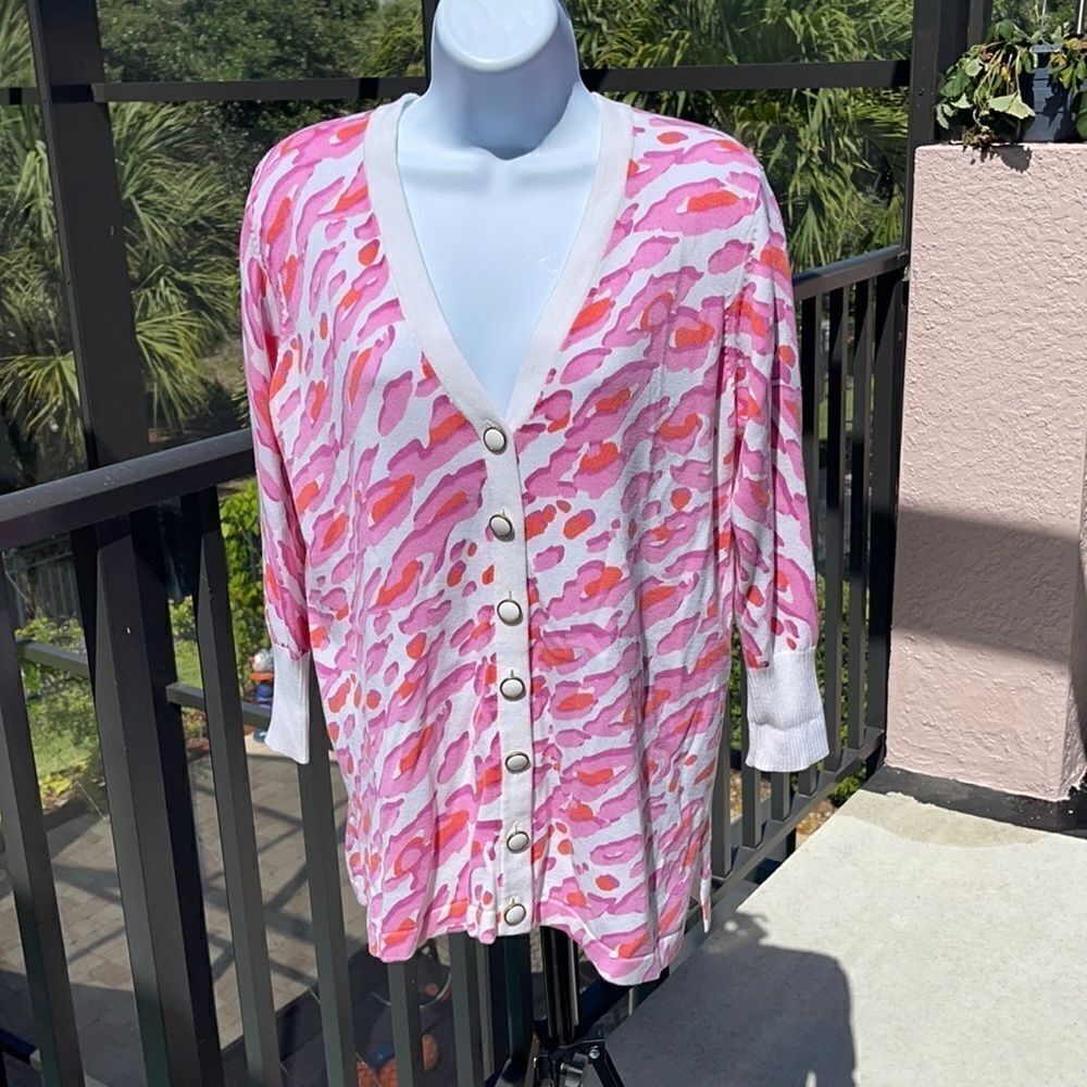 Bob Mackie Wearable Art Pink Animal Print Button-Front Cardigan Size S - Picture 12 of 12